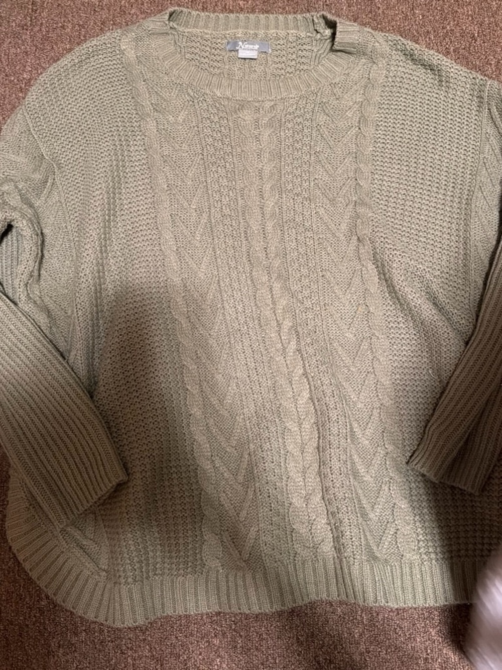 Natural Reflections Olive Green Cable Crewneck Sweater